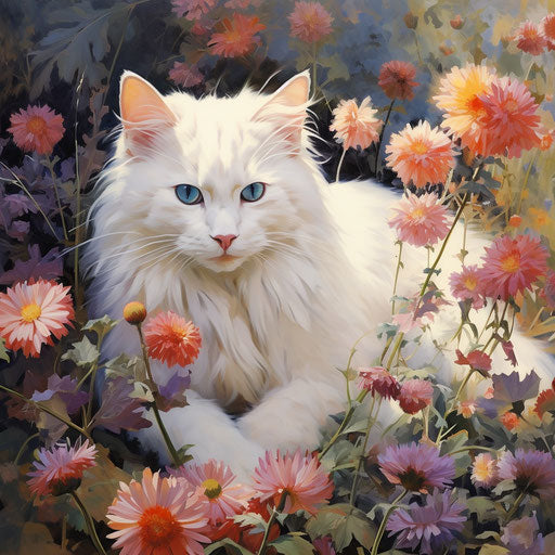 White cat in a flower bed with beautiful flowers