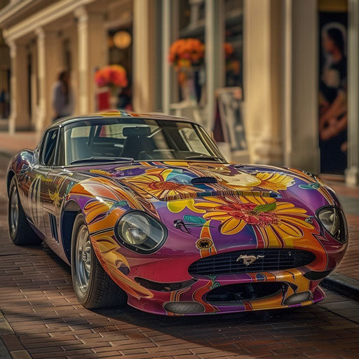 Shelby Daytona with psychedelic paint and flower power decals, embodying the spirit of the 1960s.