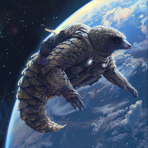 Pangolin astronaut floating in space with Earth