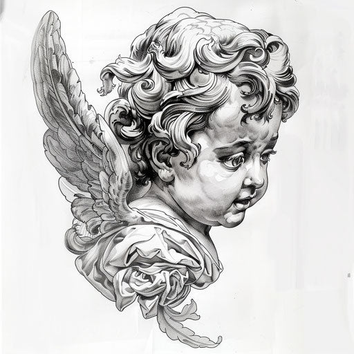 Detailed black and white sketch of a cherub for tattoo stencil
