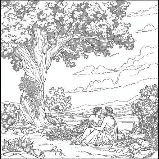 Adam and Eve resting under a large tree