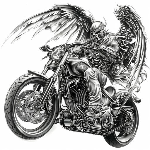 Biomechanical tattoo with Archangel Michael and mechanical motorcycle