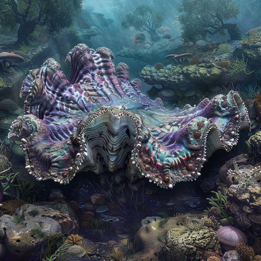 Giant clam in an artistic coral reef landscape with intricate shell details