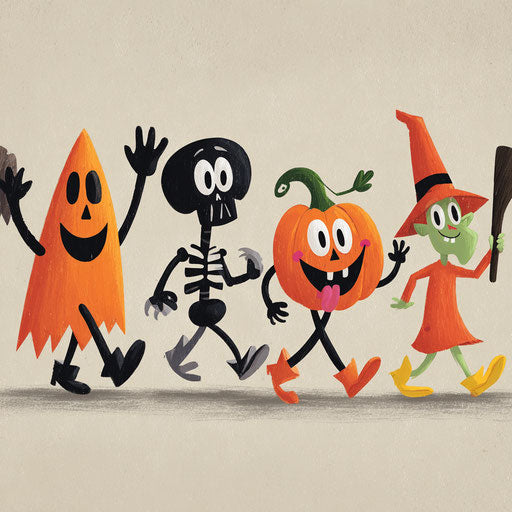 Cheerful Halloween Characters in Retro Cartoon Style