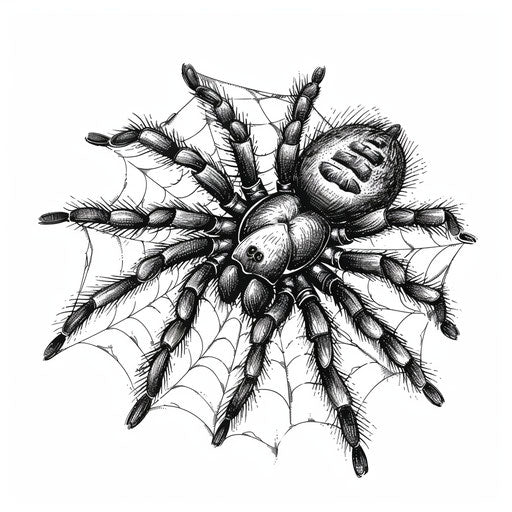 Creepy crawly tarantula with intricate web, horror tattoo concept