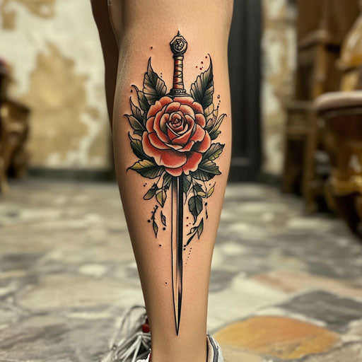 Shin tattoo with a classic rose and dagger, in the style of Ed Hardy