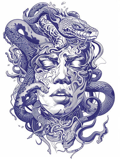 Egyptian head with snakes, indigo and blue style