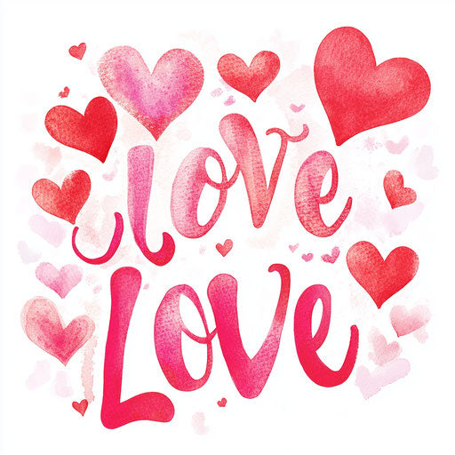 Love calligraphy with hearts in pink and red on white