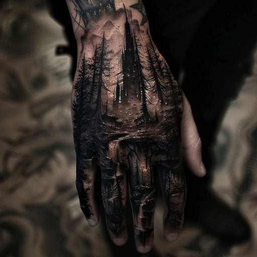 Men's hand tattoo, dark fantasy landscape