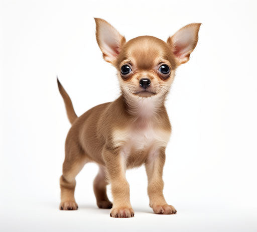 Chihuahua puppy on white background, light maroon and dark gold