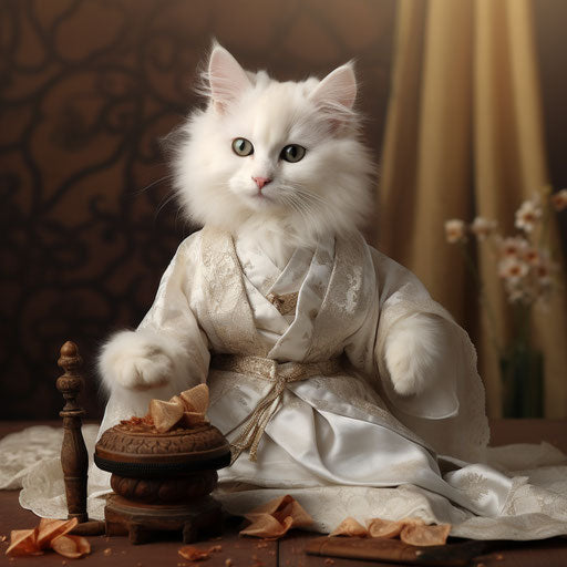 A kitten in traditional costume on a table, japonism style