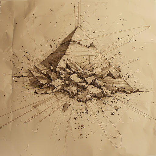Dynamic tattoo sketch of a crumbling pyramid with action lines, earthy tones