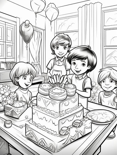 Coloring pages for birthday party, precisionist lines, detailed shading