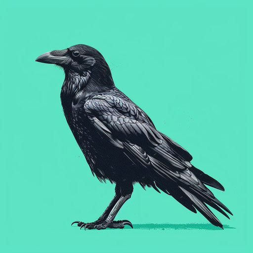 Realistic crow illustration on flat teal background, vibrant contrasts and detailed textures