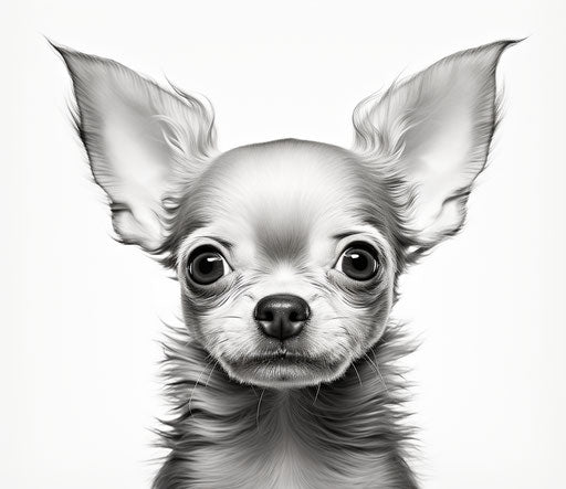 Black & white chihuahua drawing, patricia piccinini style