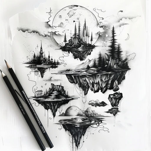 Eleven tattoo sketch surrounded by floating islands