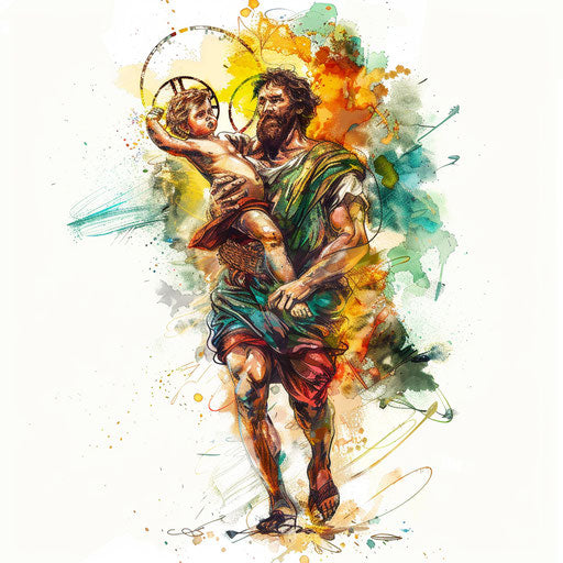 Artistic portrayal of Saint Christopher carrying the Christ child as a dynamic tattoo design in vibrant colors on white background