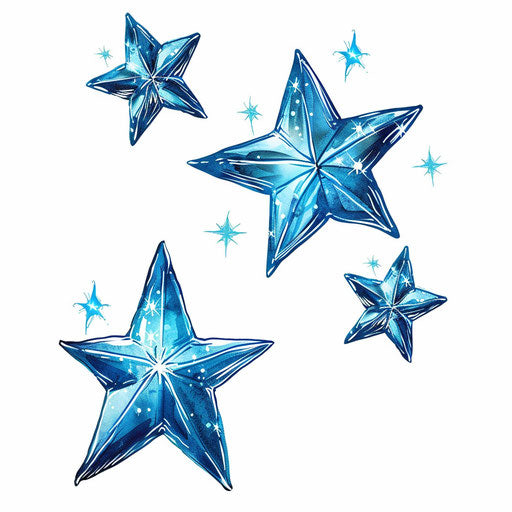 Three blue stars in different sizes, ethereal symbolism style, distinctive line work