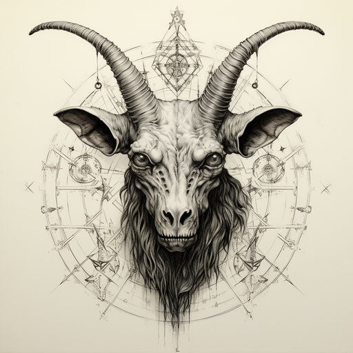Goat with pentagrams on face, horror academia style
