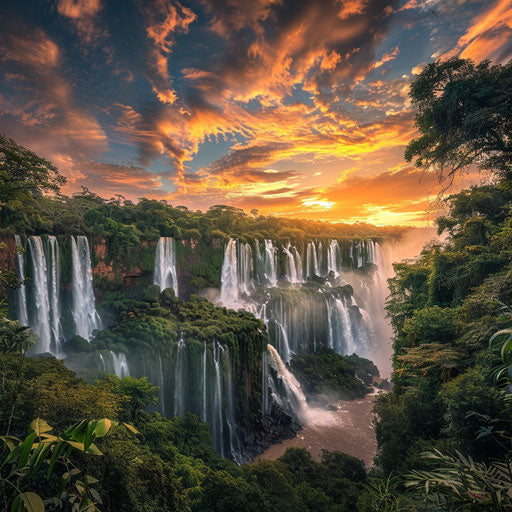 Iguazu Falls under a vibrant sky with lush surroundings