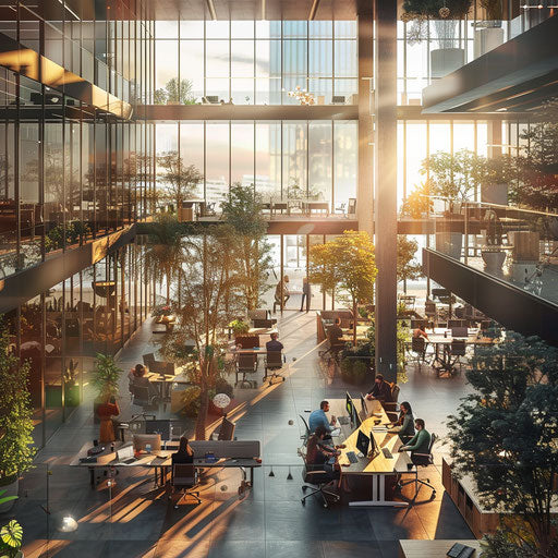 Busy modern office space with employee collaboration