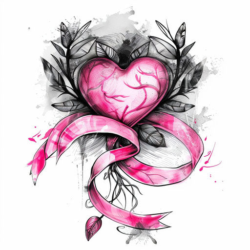 Artistic depiction of a heart and pink ribbon tattoo design