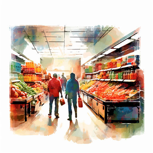 Grocery store illustration in the style of Impressionistic Art, on a white background