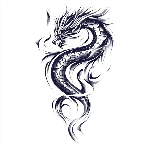 Tribal dragon tattoo with flames on white background