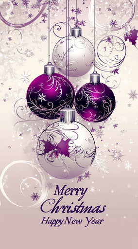 Merry Christmas and Happy New Year. White and purple ornaments
