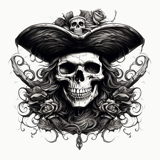 Pirate Tattoo Drawing of Skull with Hat Emblem