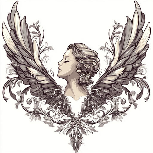 Beautiful Art Nouveau angel neck tattoo sketch