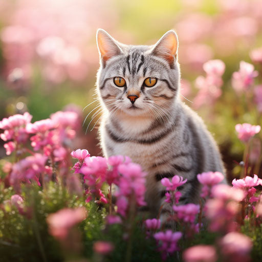 An American shorthair cat in a field of flowers