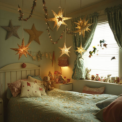 Whimsical children's bedroom with ceiling hung decorations