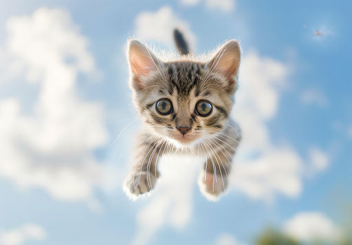 Cute kitten flying in the sky with eyes wide open