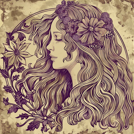 Virgo woman with flower and vector symbols, ink-washed style
