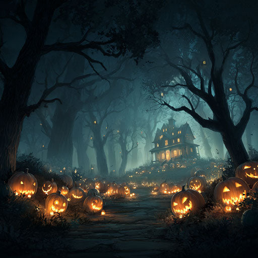 Spooky Halloween Scene with Haunted House and Pumpkins