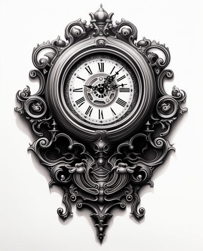 Black and white clock on white background, victorian-inspired style