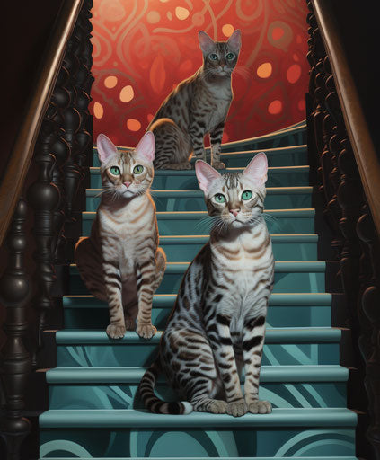 Three Bengal cats ascending a staircase