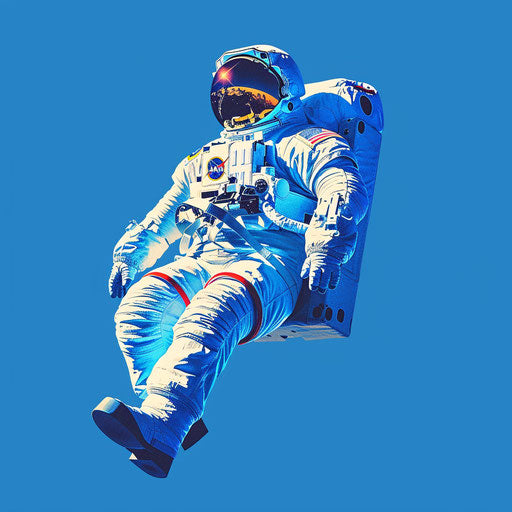 Bright realistic astronaut on flat royal blue background