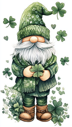 St. Patrick's Day gnome with clovers, hat, and green scarf