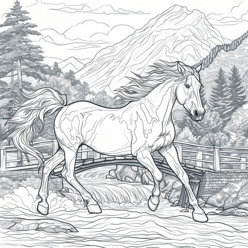 Horse galloping across a bridge with mountains in the background