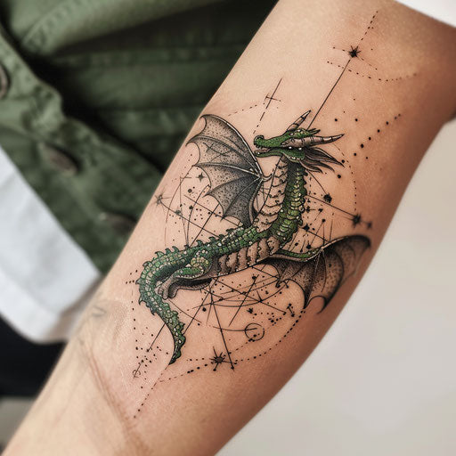 Draco constellation tattoo, dragon-themed in dark green and black on white.