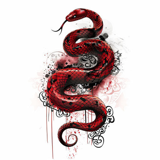 Flat gothic tattoo sketch of a red snake with gothic lace patterns, dark reds and blacks, clipart style