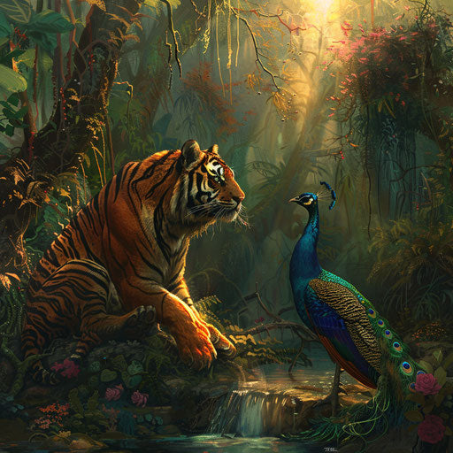 Harmony in the jungle: tiger and peacock share a moment