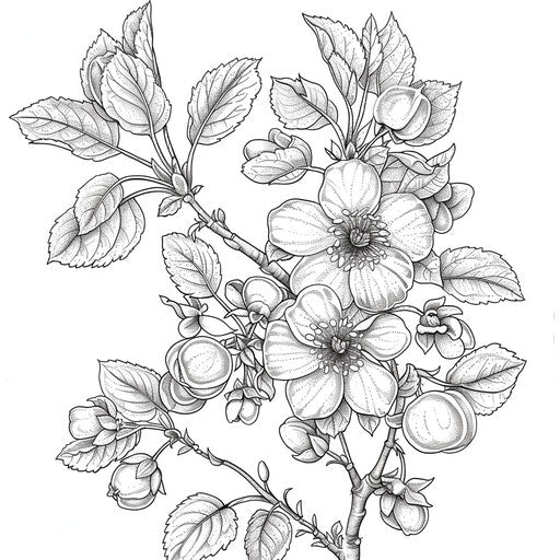 Detailed botanical illustration of an apple tree branch with flowers and fruit. Coloring book page