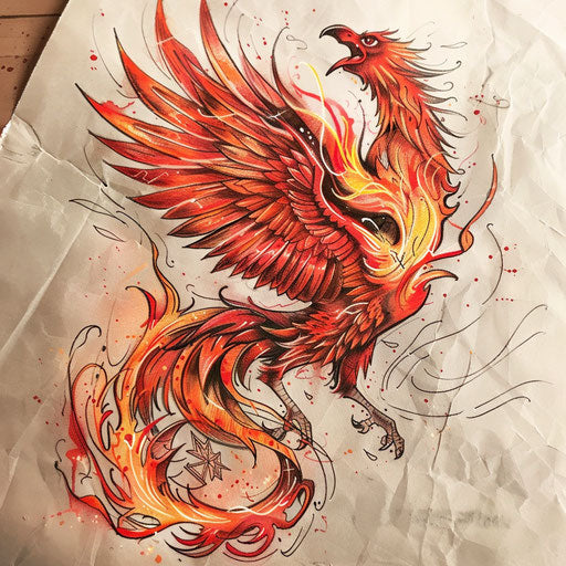Fiery phoenix rising from ashes with tattoo sketch feathers