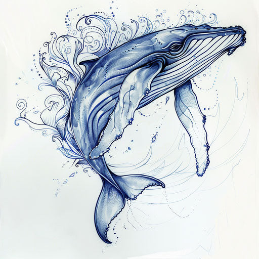Graceful sketch of a humpback whale with water-inspired indigo art