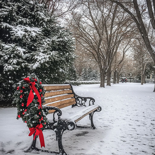 Lone bench covered in snow in a serene park