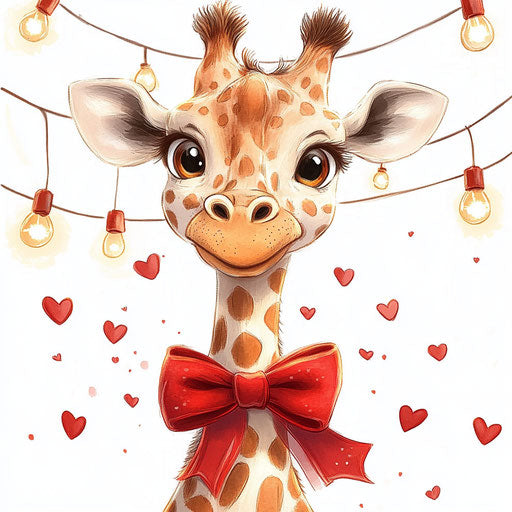 Romantic giraffe with red bow, lights in background