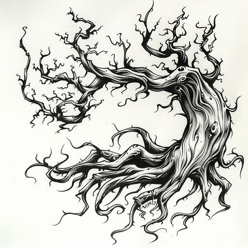 Stylized tattoo sketch of gnarled tree roots with bold curves